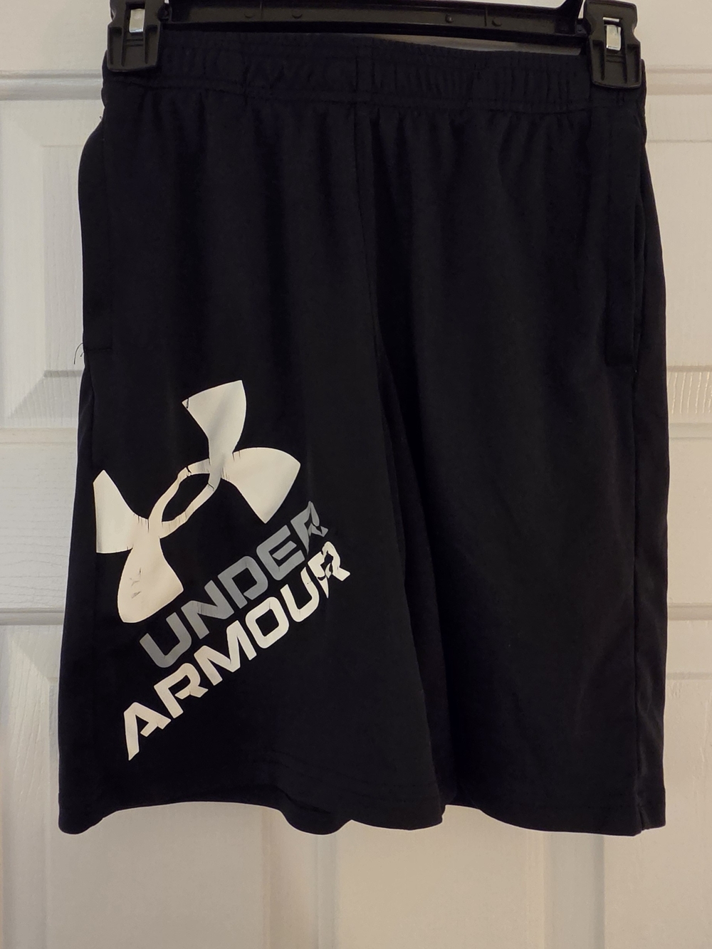 Under Armour Boys Medium Black Athletic Shorts with White Logo